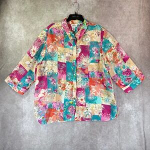 Graff Vtg Blouse XL Multicolor Floral Patchwork Linen Blend Burnout Boho Arsty